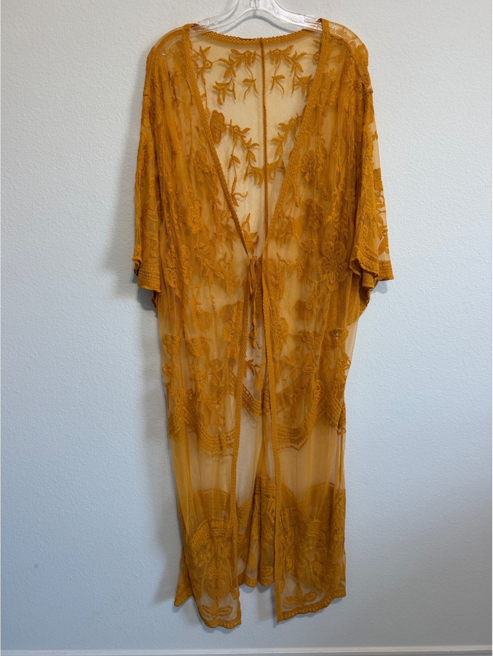 Women’s Mustard Yellow Floral Embroidered Sheer Kimono Duster Cover Up Size M?